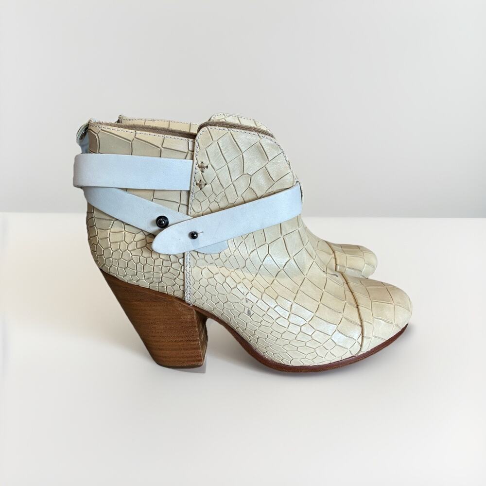 Rag & Bone Harrow Crocodile Embossed Ankle Boots Ivory Women Sz 40 EUR/9US